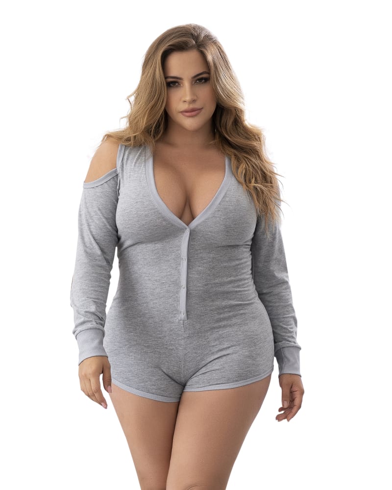 Front of a model wearing a size 1X/2X Heather Cold Shoulder Sleep Romper in Grey by Mapalé. | dia_product_style_image_id:271786
